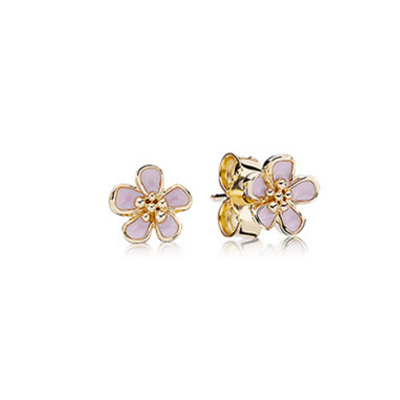 Pandora CHERRY BLOSSOM PINK ENAMEL GOLD STUD EARRINGS -